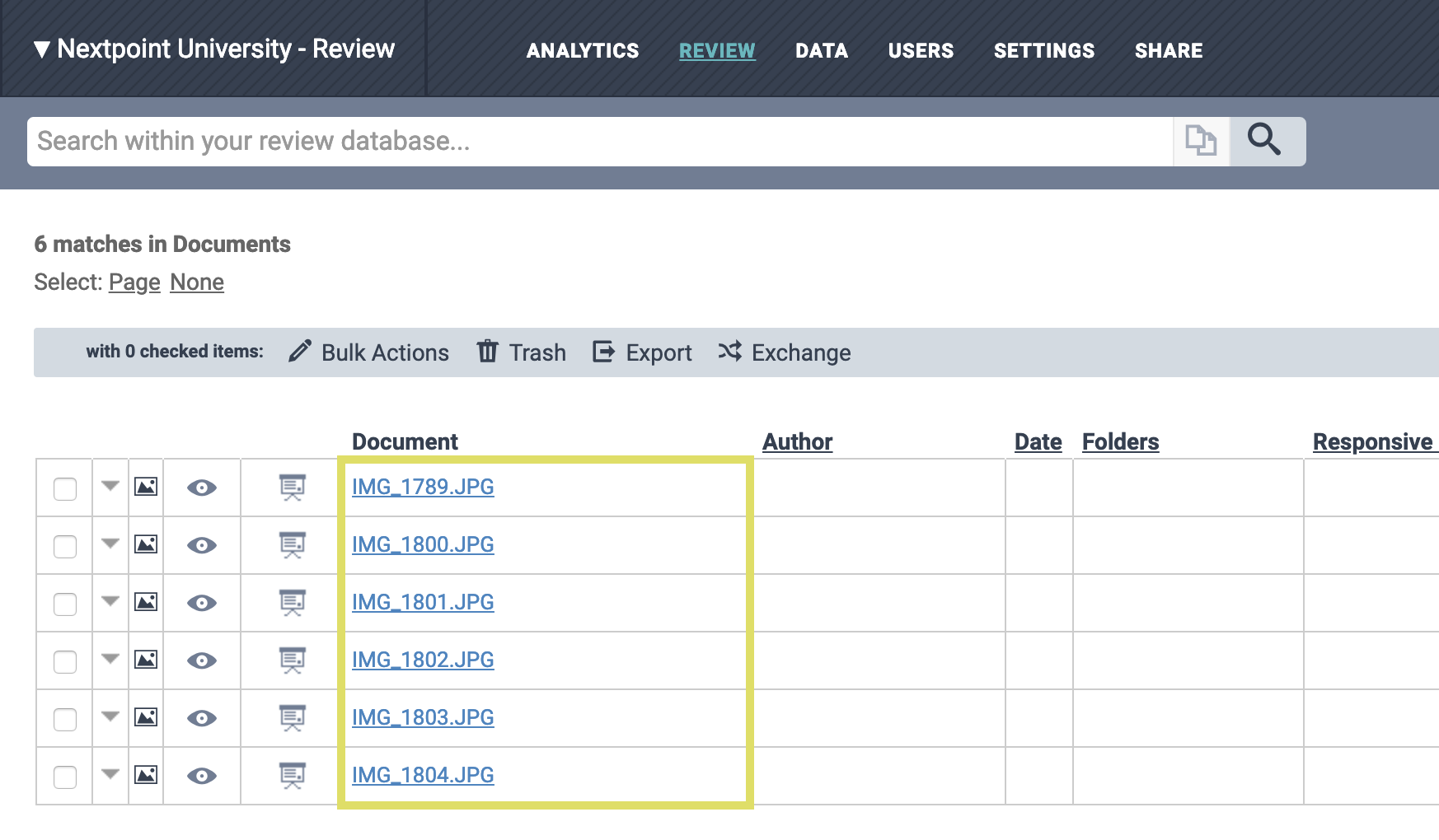Grid view showing document link populated by metadata