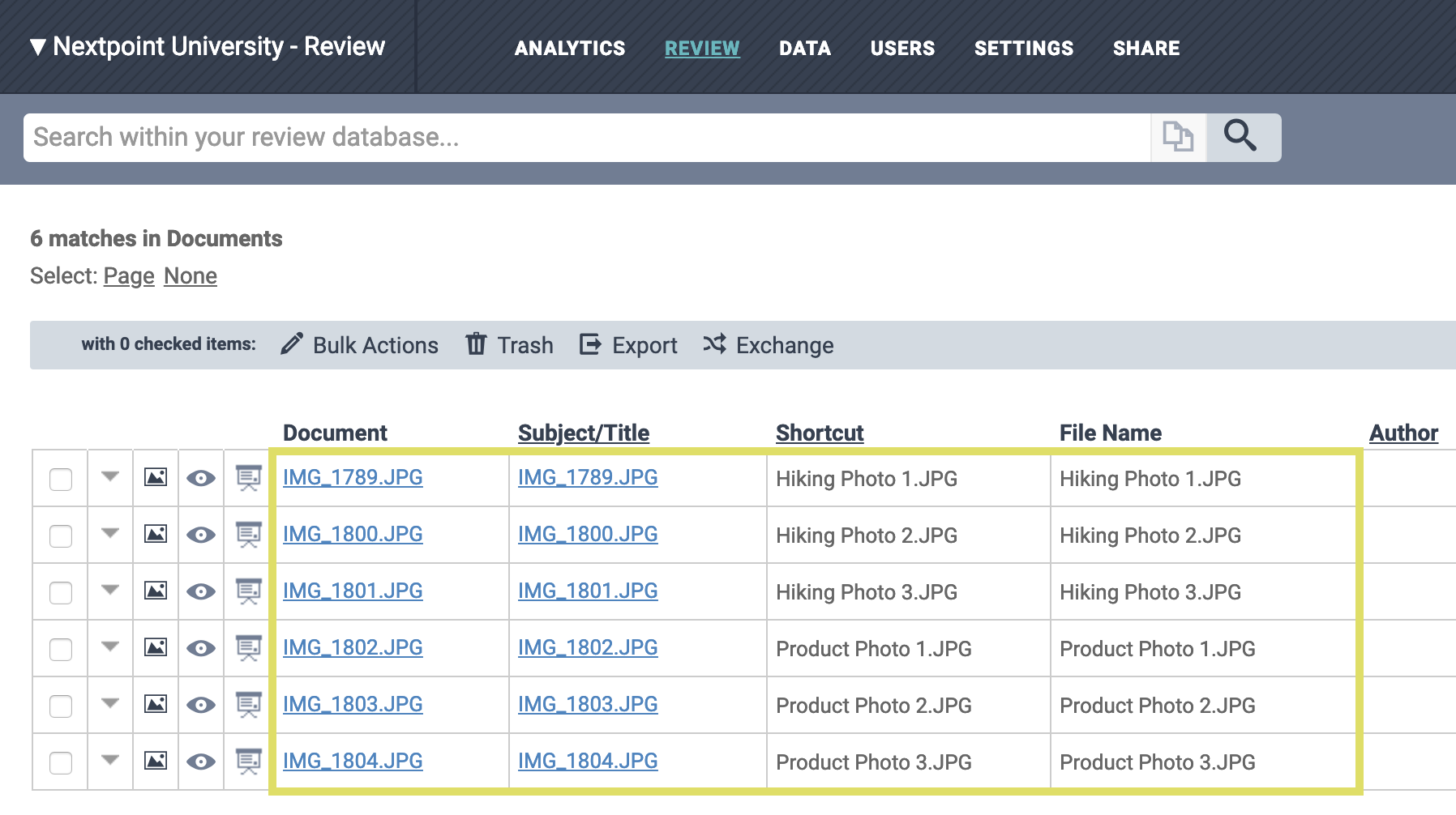Grid view showing title, shortcut, and filename