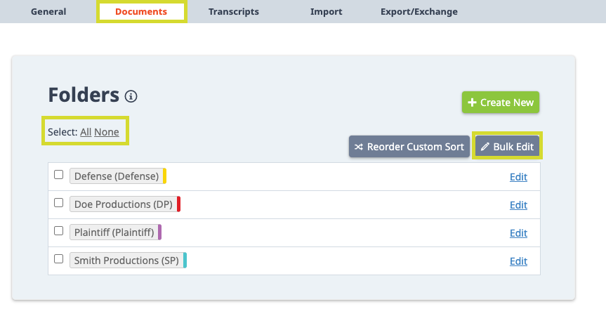 Screenshot showing Bulk Actions menu in Folders