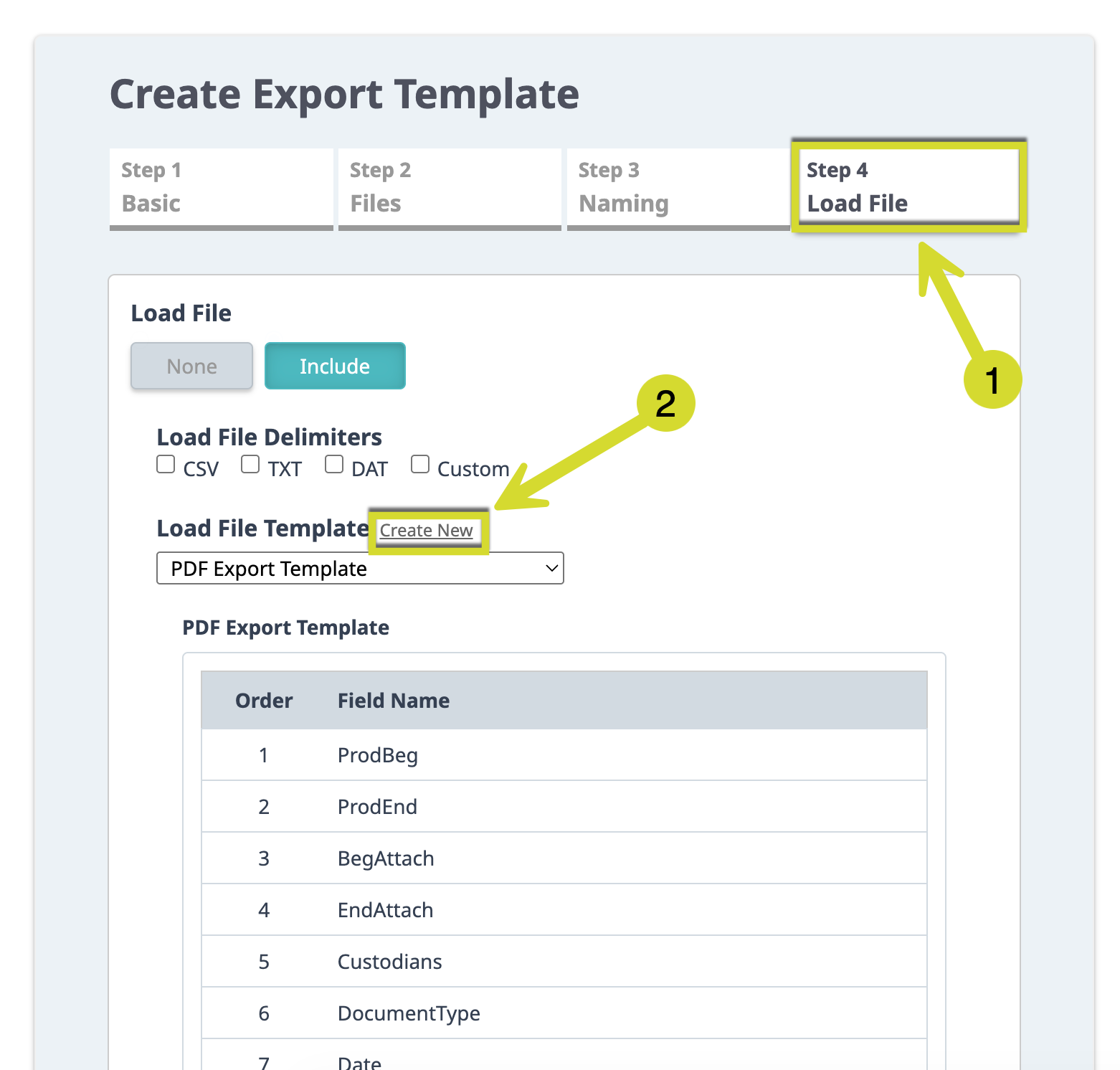 Export Template settings screen highlighting Create New button