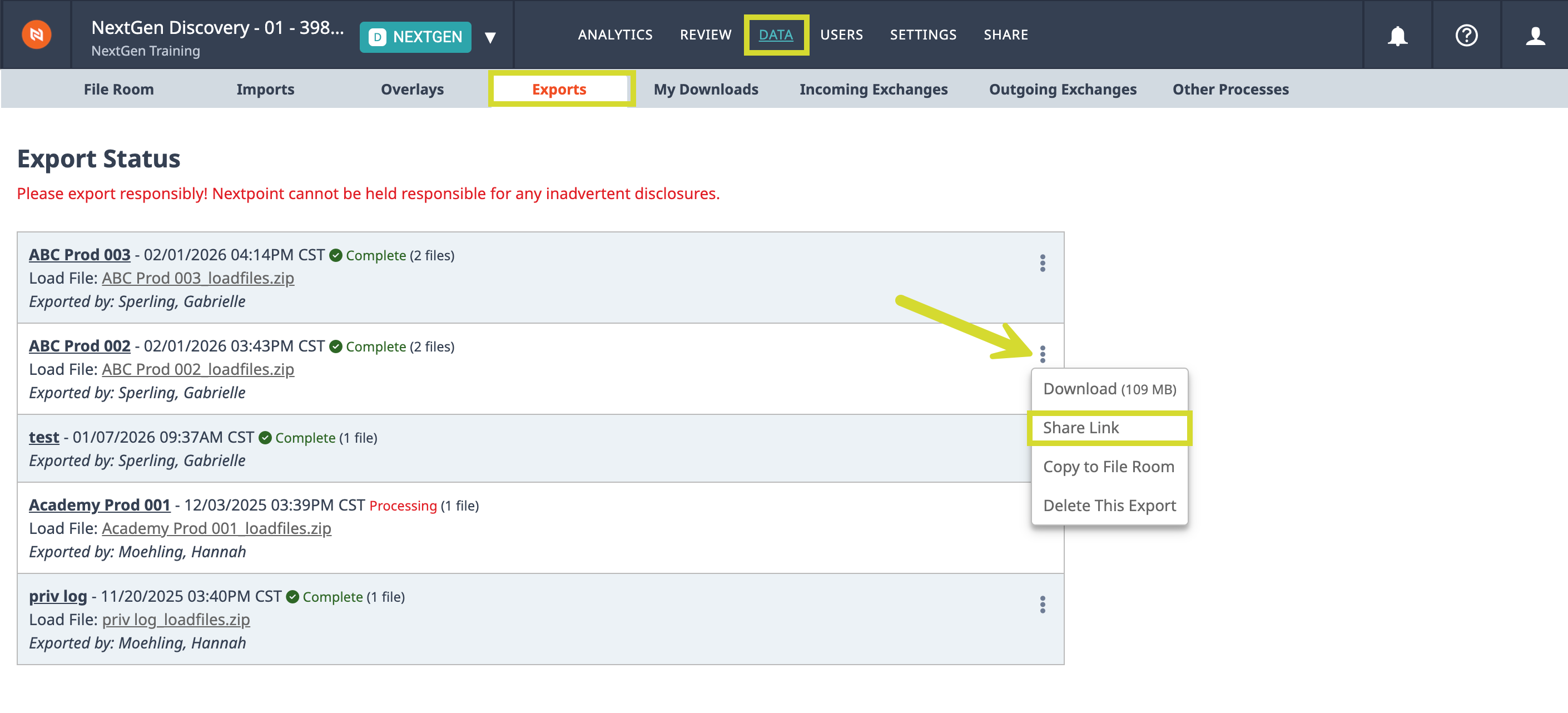 Export Status screen with Share Link option