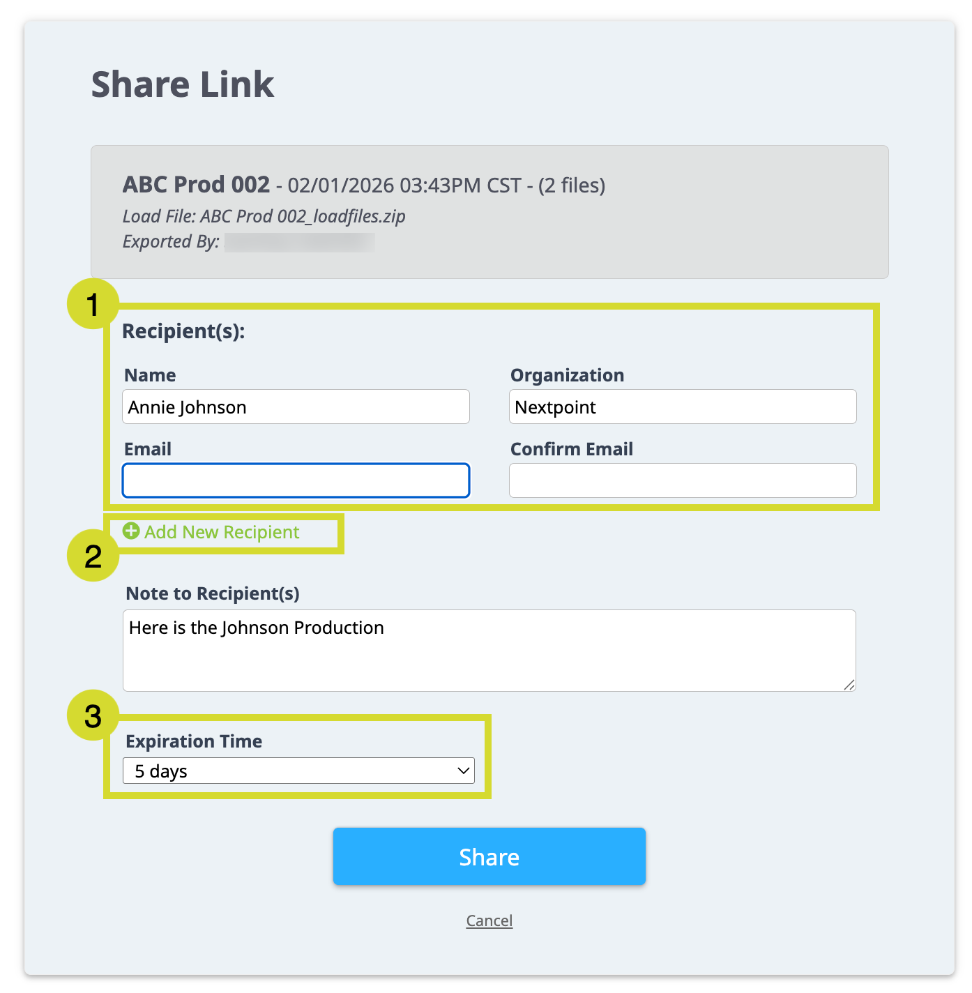 Recipient details and expiration settings
