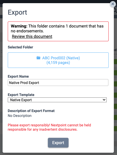 Export settings screen